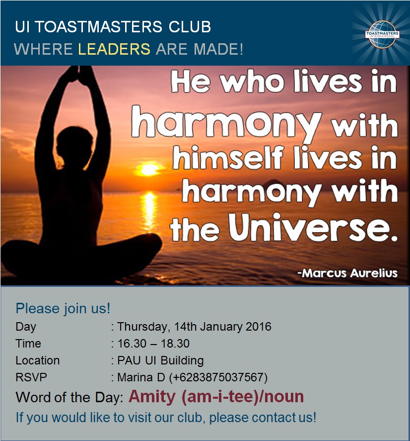 UI Toastmasters Regular Meeting, WEDNESDAY, January 14th, 2016 at 4.30-7.30 PM